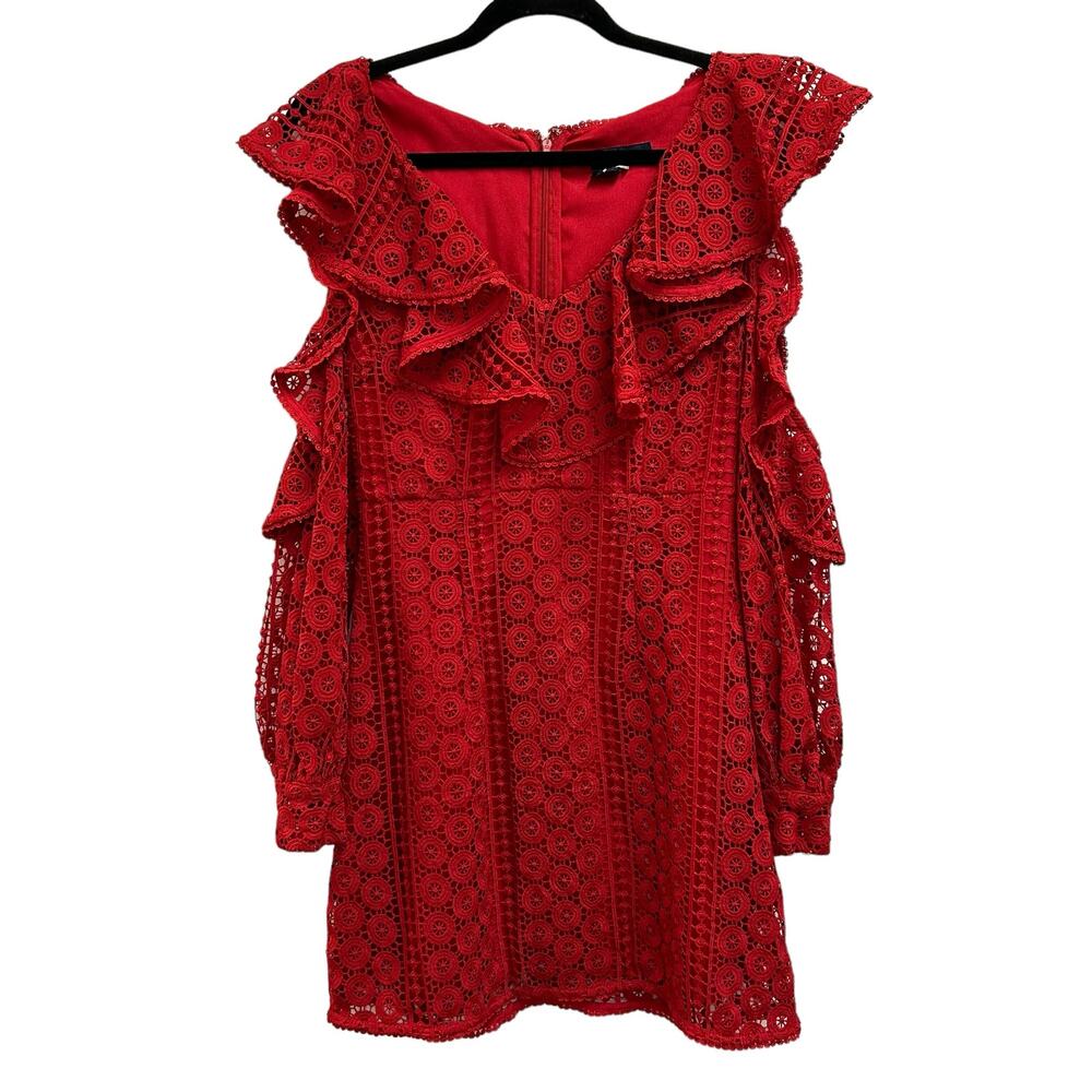 French Connection Red Crochet Cold Shoulder Ruffle Dress 2 Bohemain style